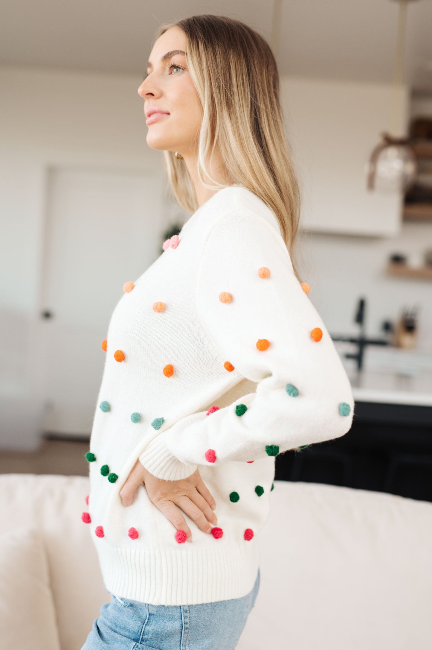 Candy Buttons Pom Detail Sweater - Jodifl