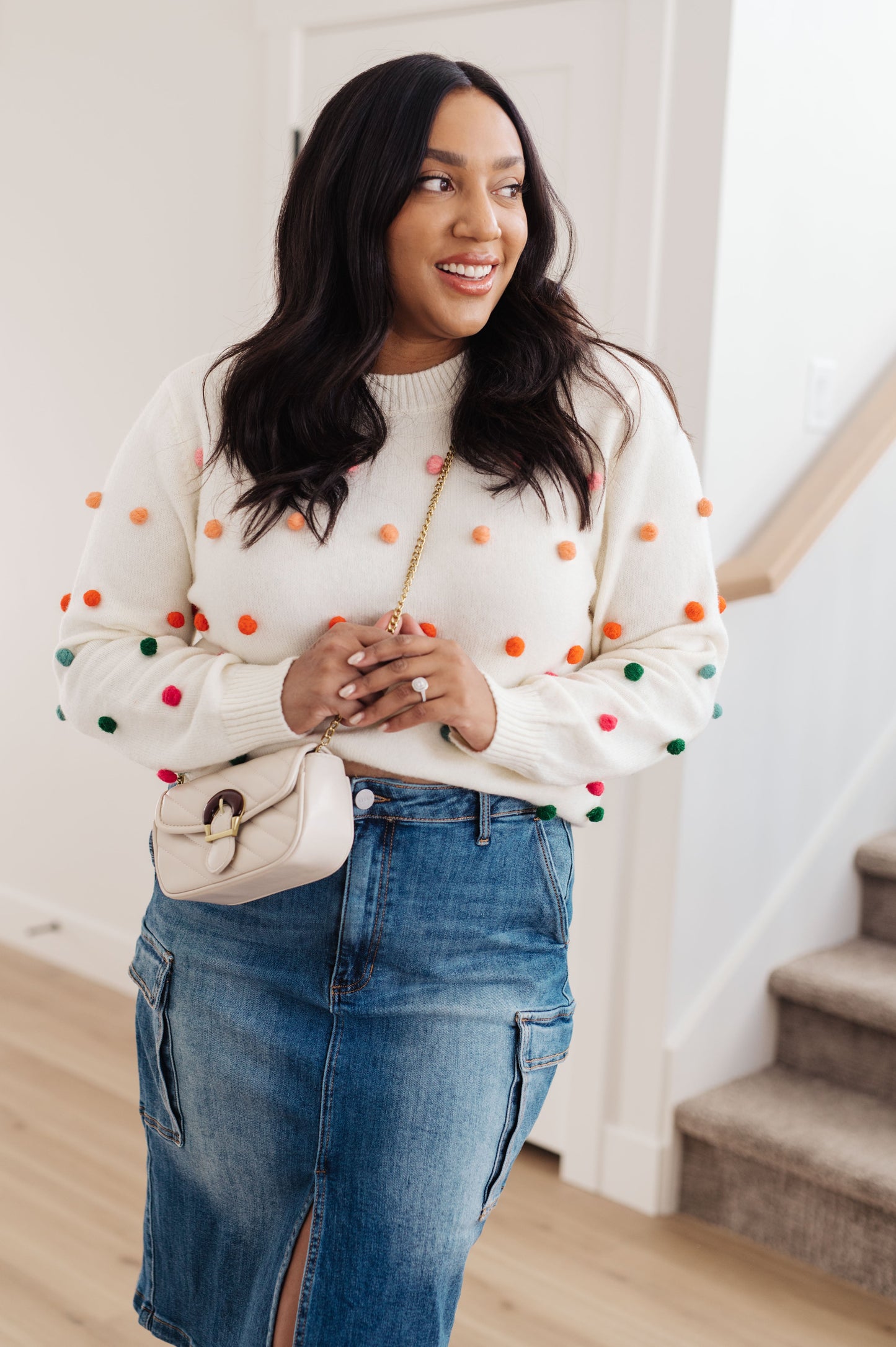 Candy Buttons Pom Detail Sweater - Jodifl
