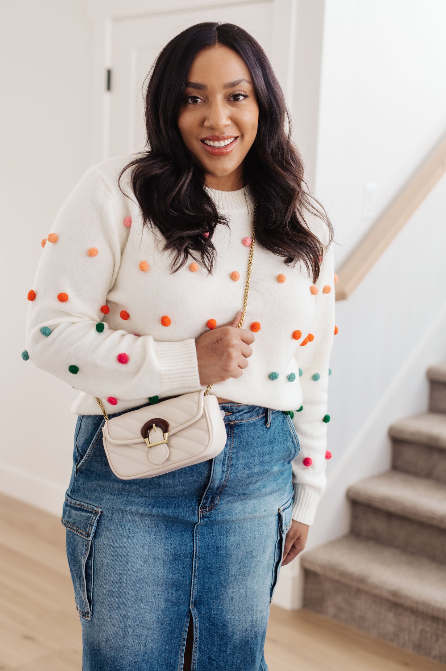 Candy Buttons Pom Detail Sweater - Jodifl