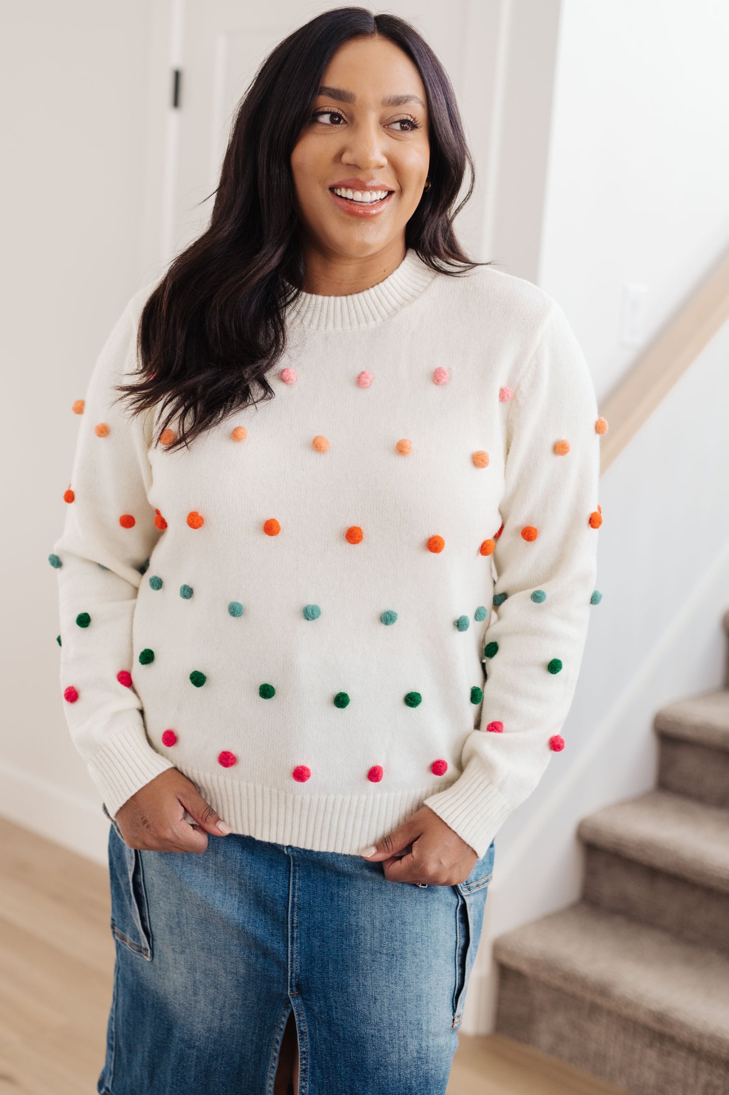 Candy Buttons Pom Detail Sweater - Jodifl