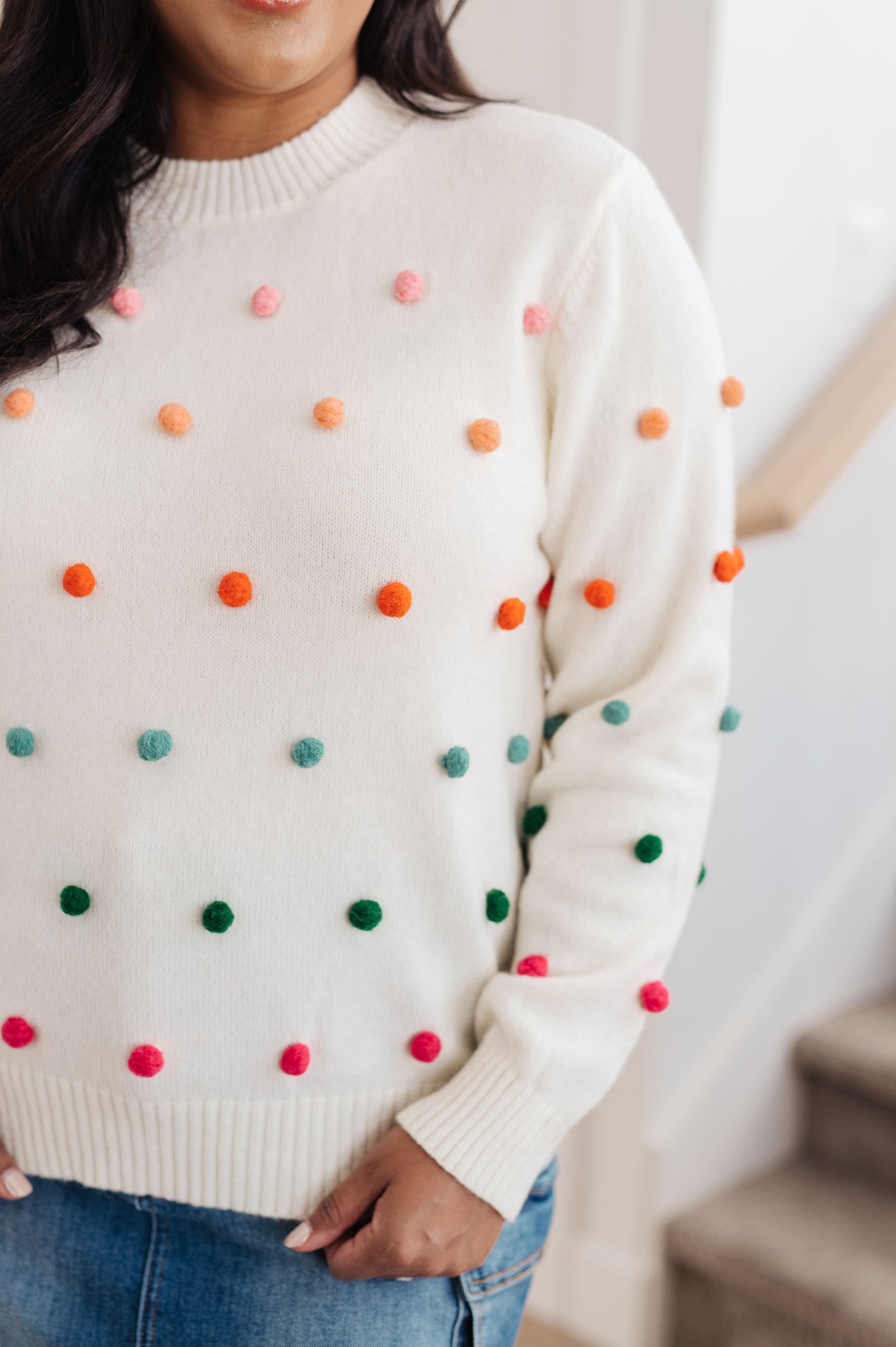 Candy Buttons Pom Detail Sweater - Jodifl