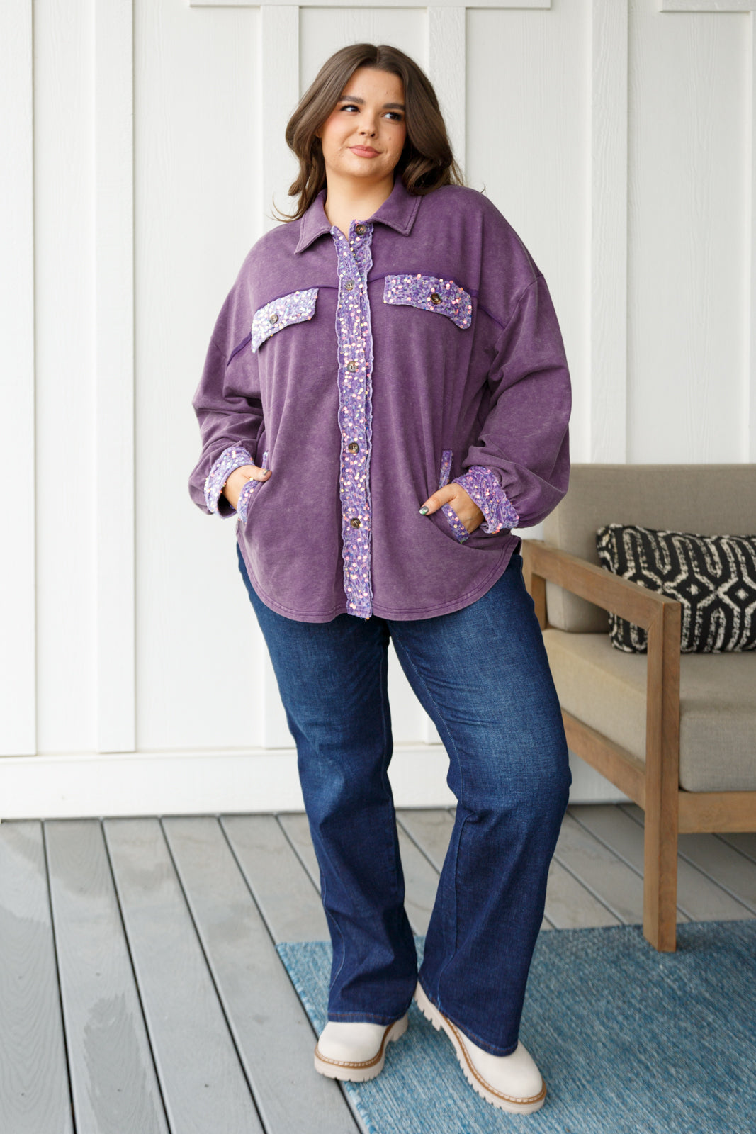 Chaos of Sequins Shacket in Purple - White Birch