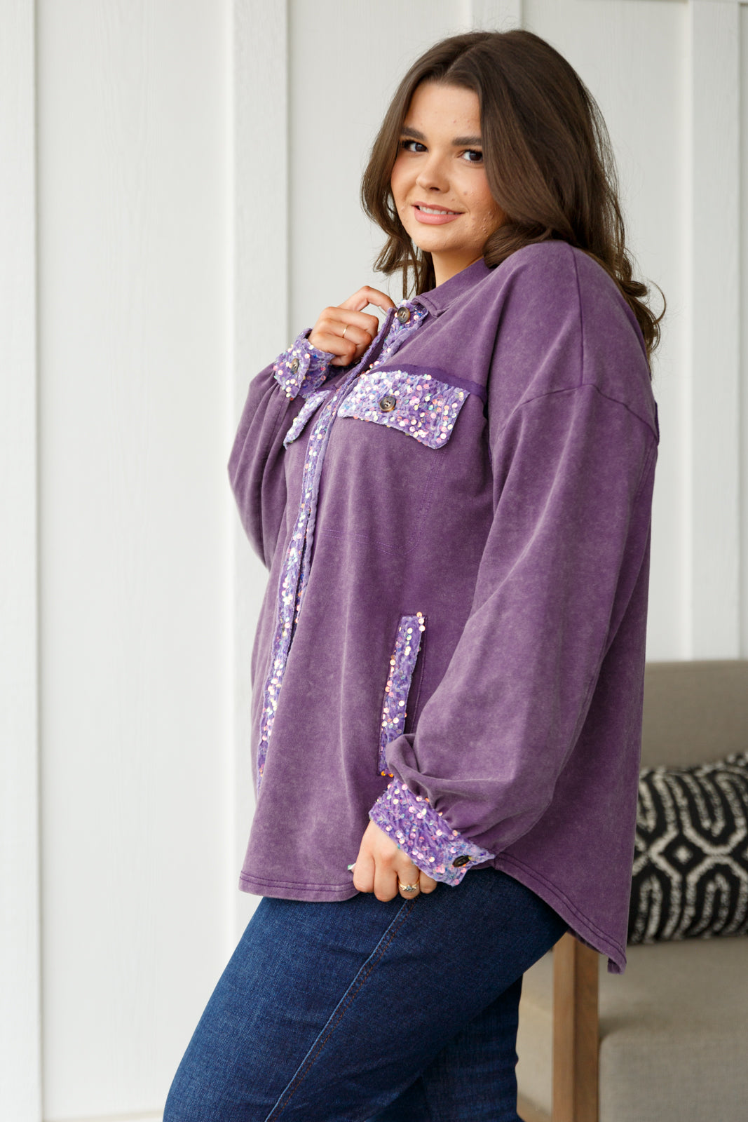 Chaos of Sequins Shacket in Purple - White Birch