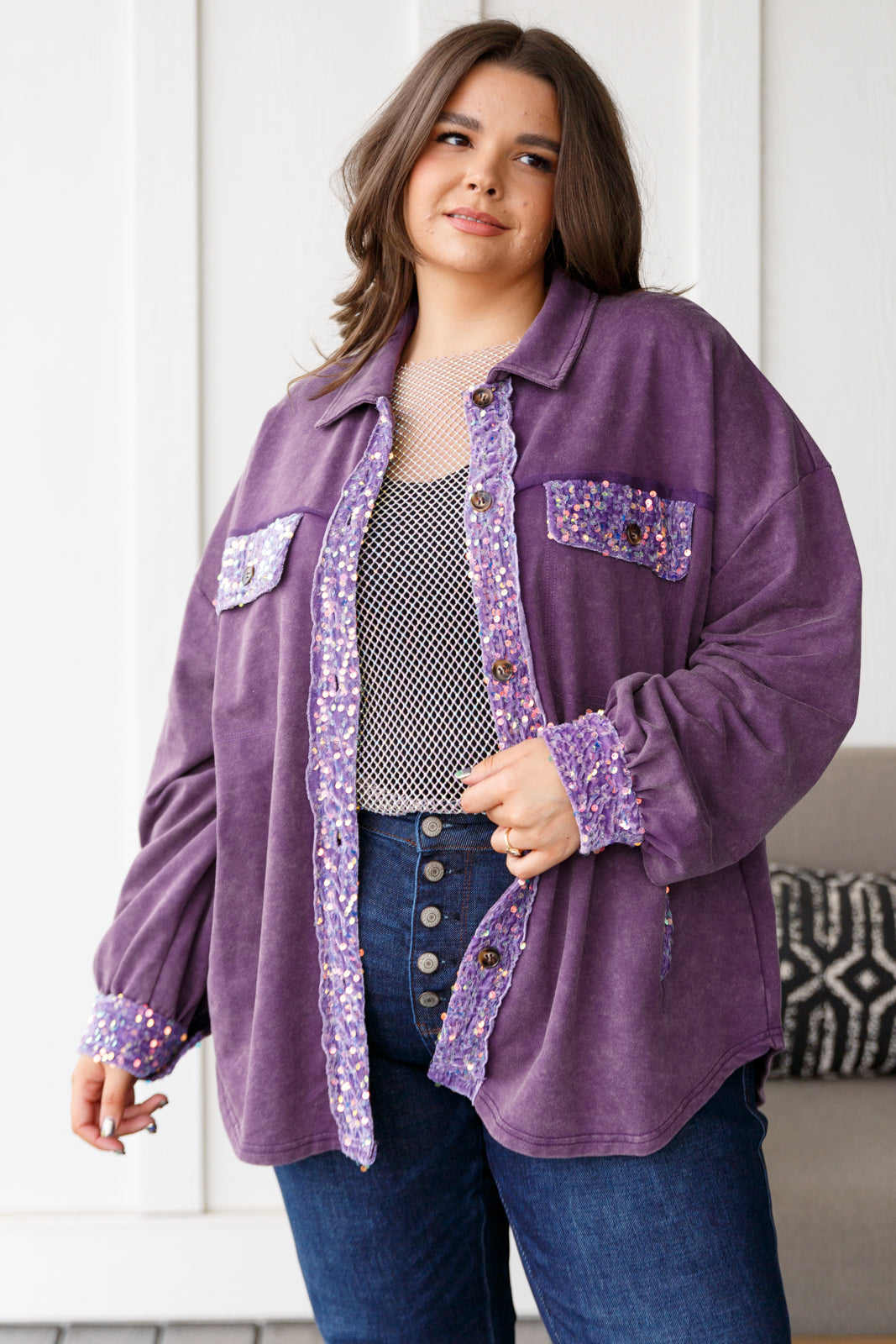 Chaos of Sequins Shacket in Purple - White Birch