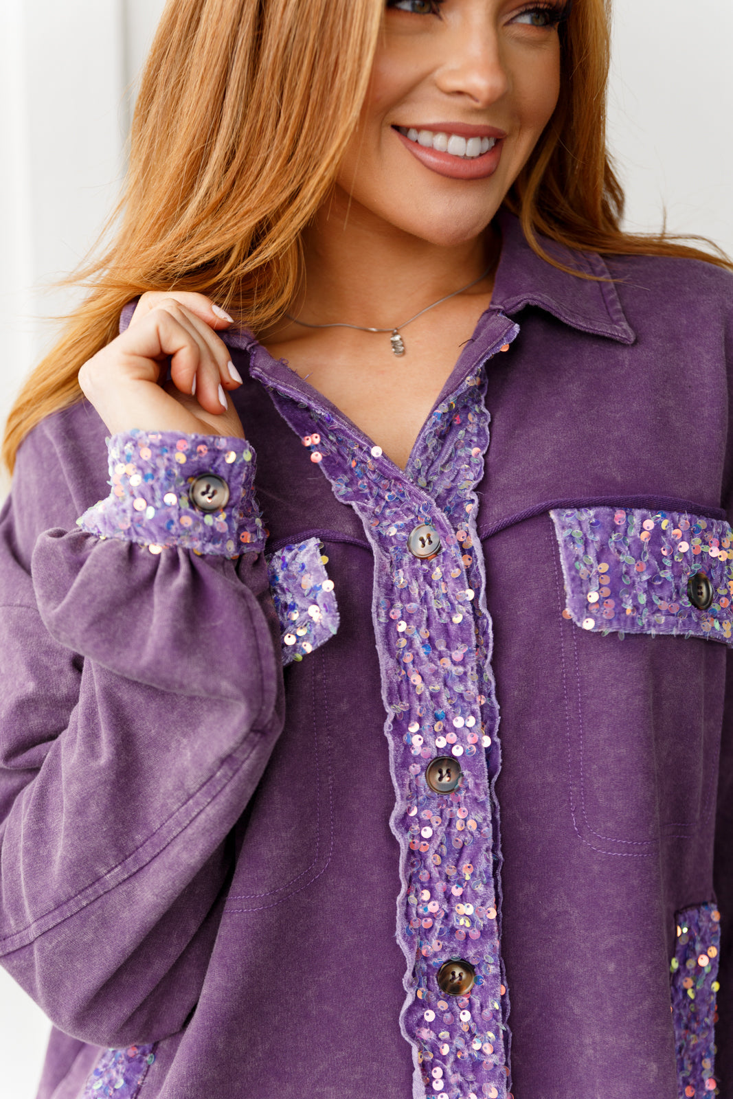 Chaos of Sequins Shacket in Purple - White Birch