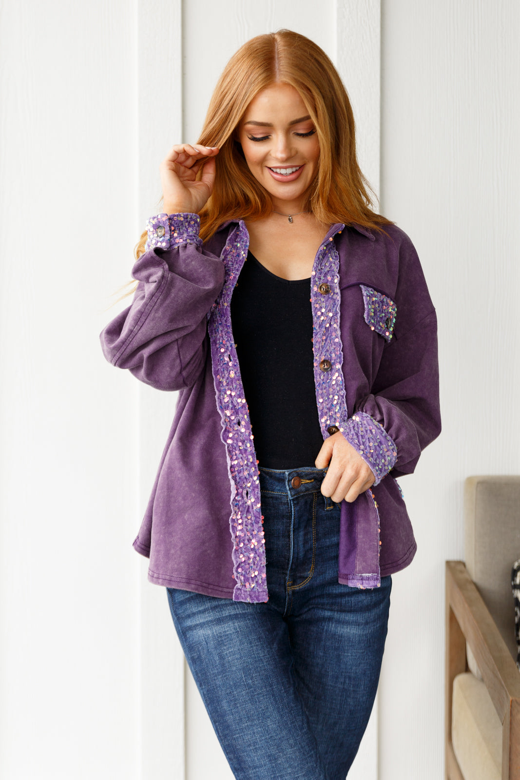 Chaos of Sequins Shacket in Purple - White Birch