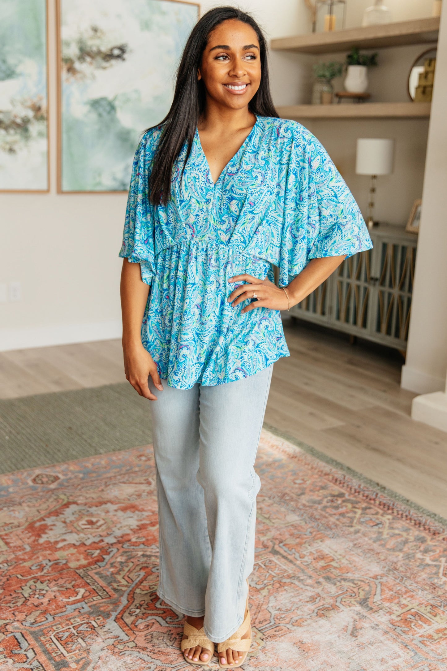 Dreamer Peplum Top in Blue and Teal Paisley - Dear Scarlett