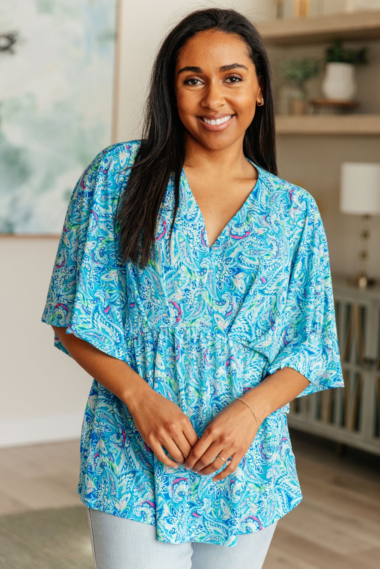 Dreamer Peplum Top in Blue and Teal Paisley - Dear Scarlett