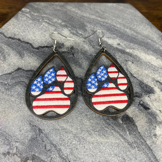 Wooden Teardrop Cutout Earrings - American Flag Paw
