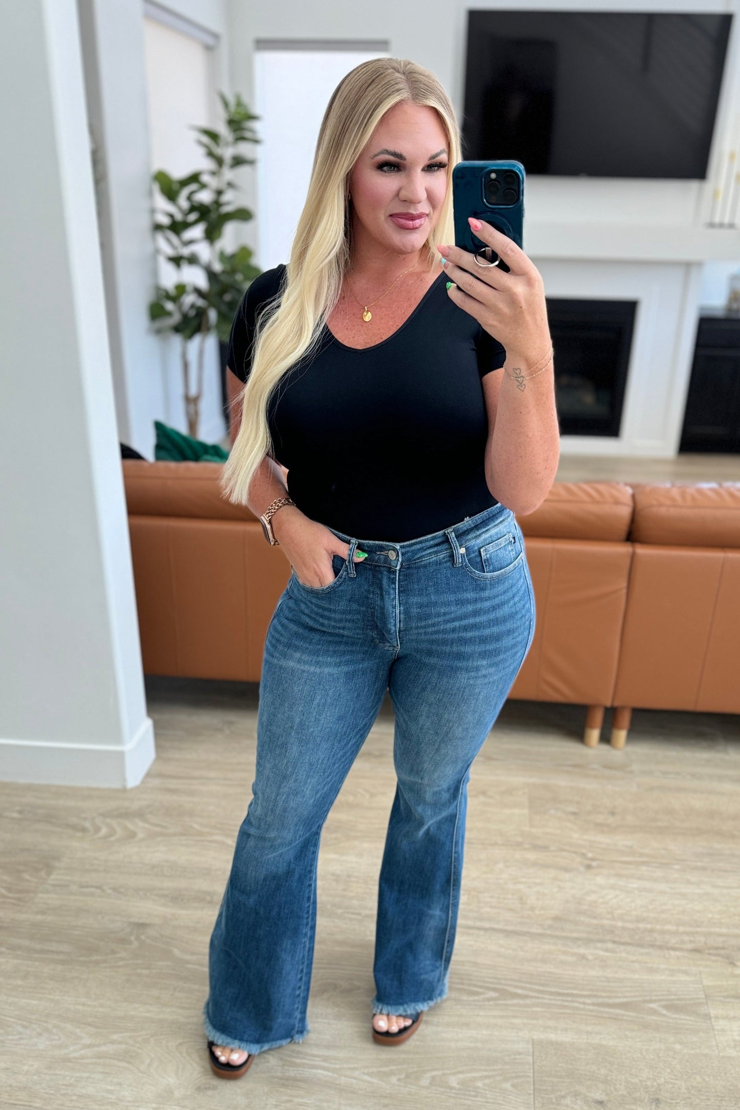 Miley High Waist Control Top Frayed Hem Flare Jeans - Judy Blue