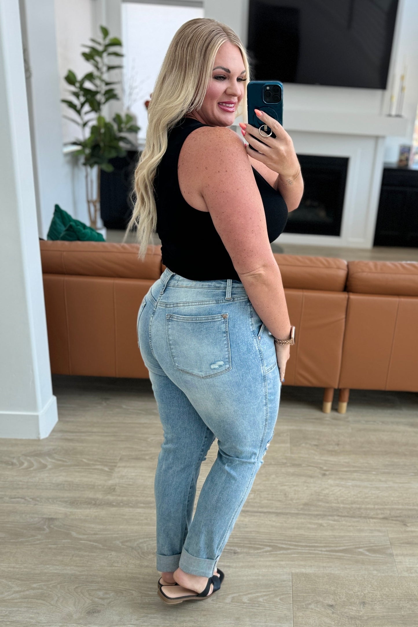 Aiden High Rise Patch Pocket Distressed Boyfriend Jeans - Judy Blue