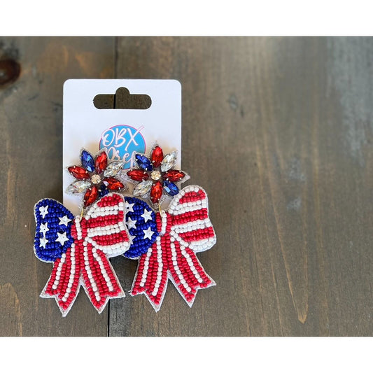 Patriotic Red White and Blue Handmade Bow Earrings