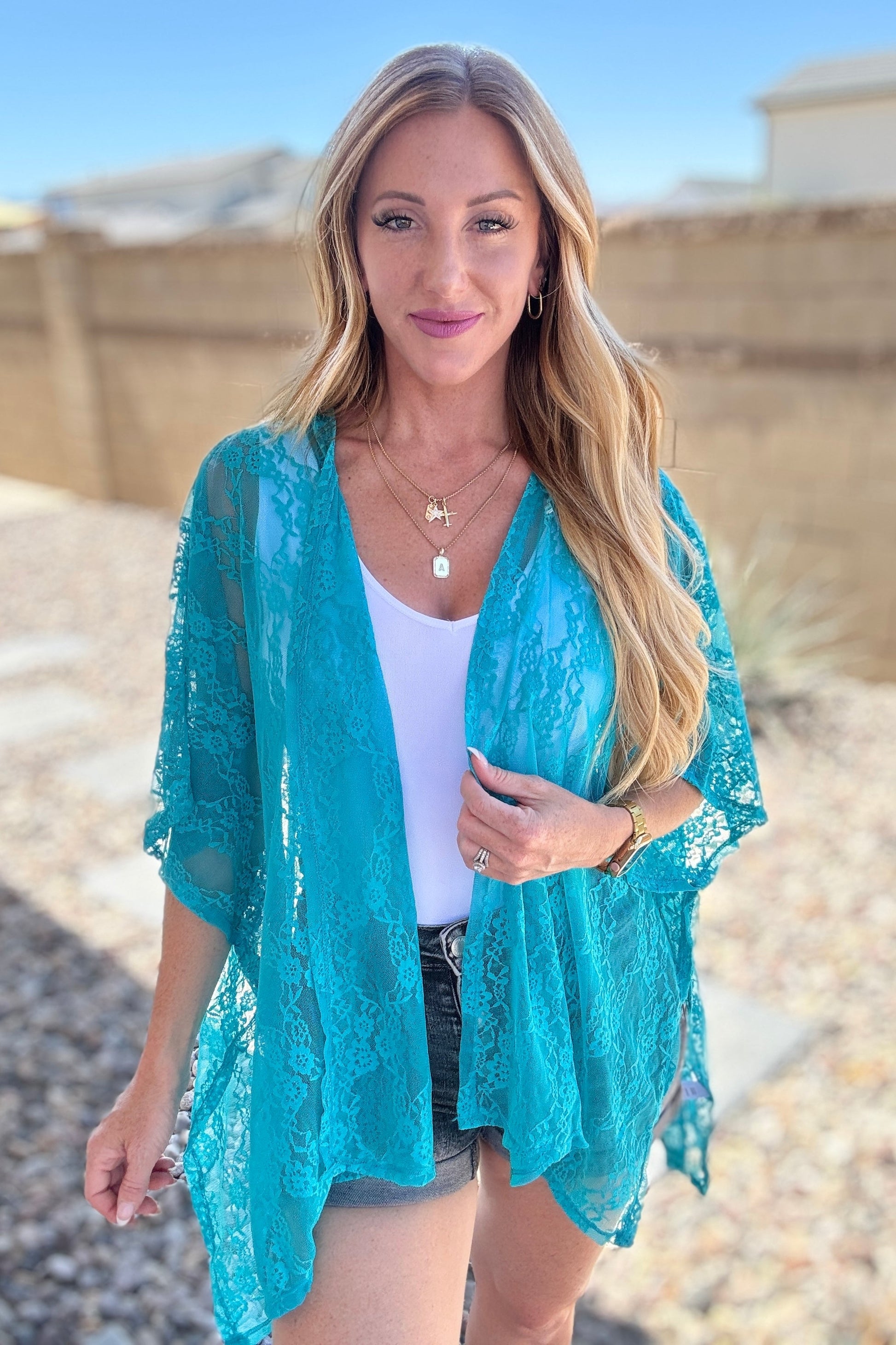 Good Days Ahead Lace Kimono In Teal - Andree By Unit