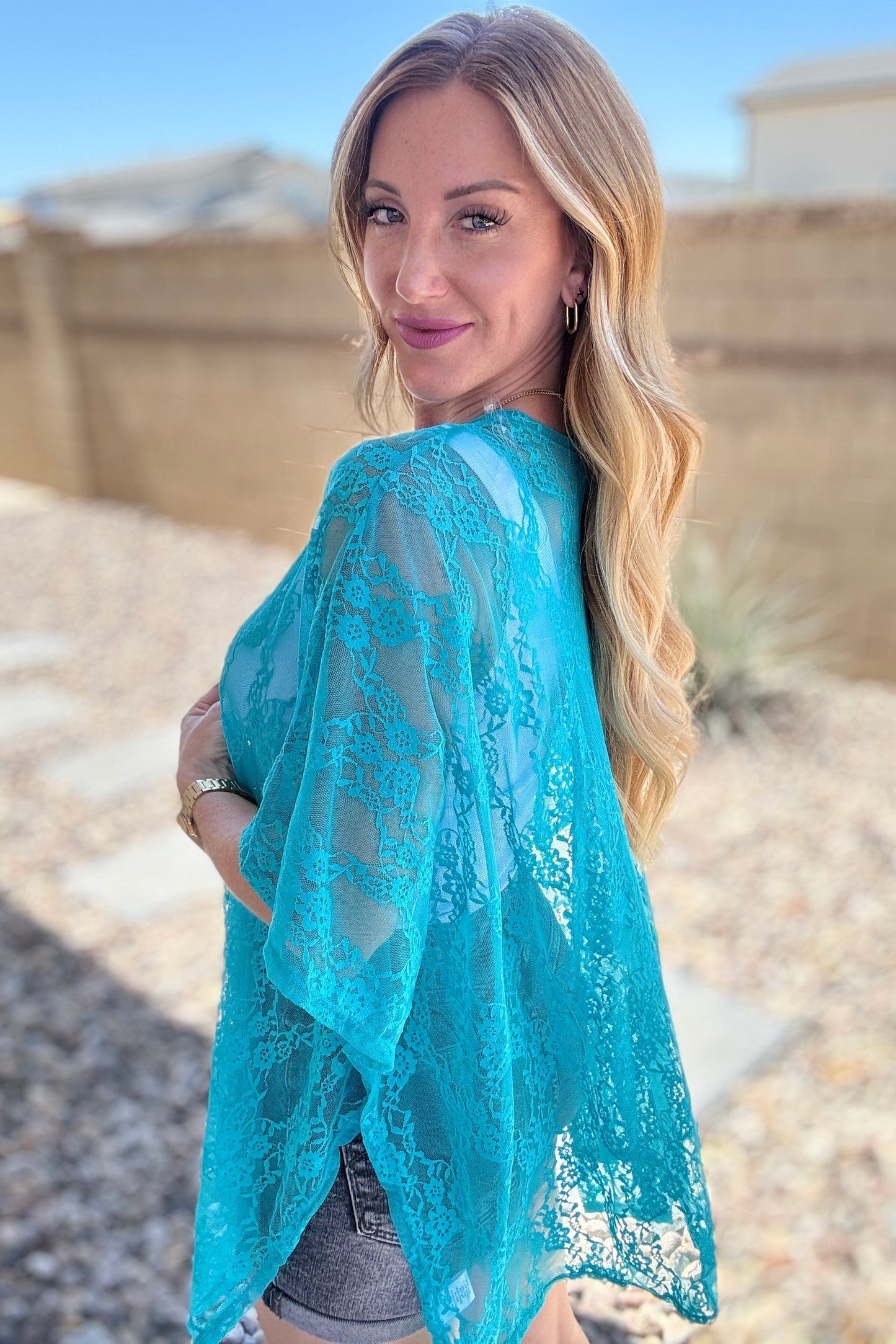 Good Days Ahead Lace Kimono In Teal - Andree By Unit