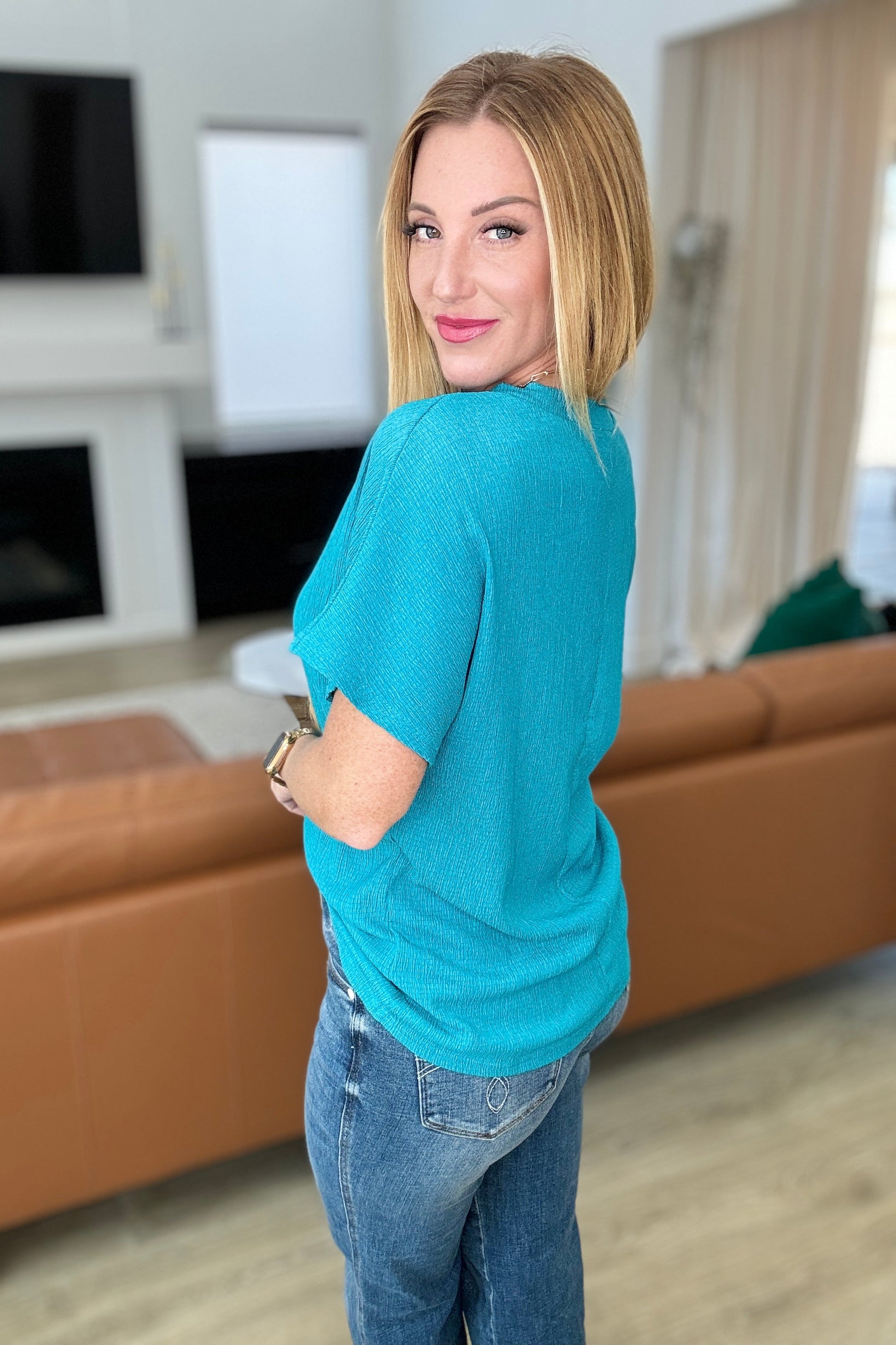Trial and Error Textured V-Neck Blouse in Teal - One Eleven North