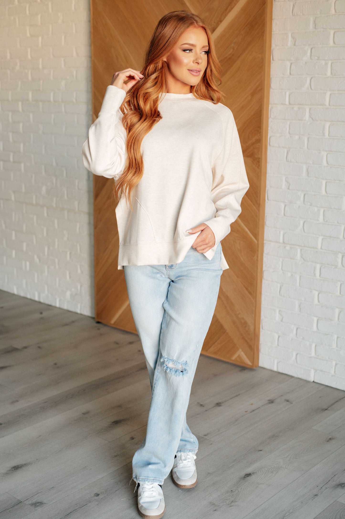 It's The Little Things Relaxed Scuba Pullover in Beige - Zenana