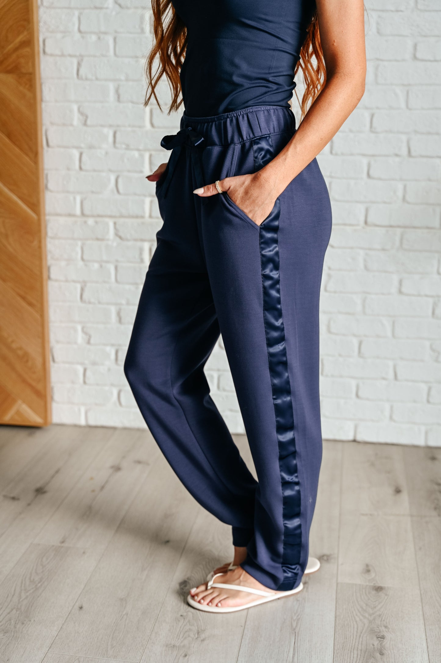 Lysa Satin Stripe Lounge Pants in Smoky Navy - Rae Mode