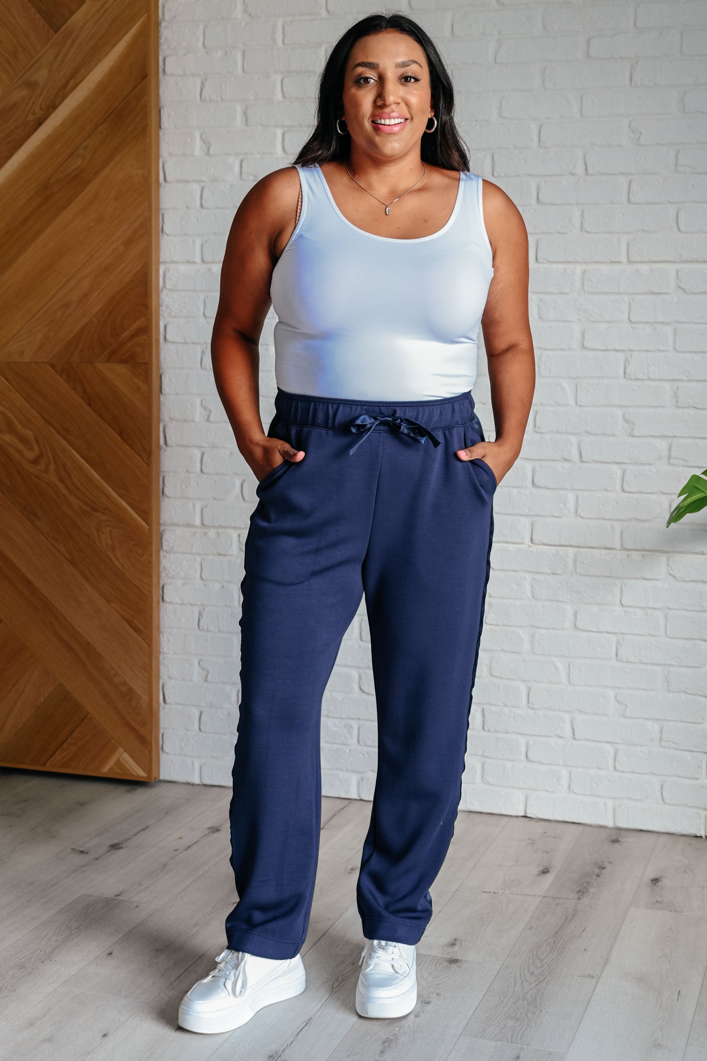 Lysa Satin Stripe Lounge Pants in Smoky Navy - Rae Mode