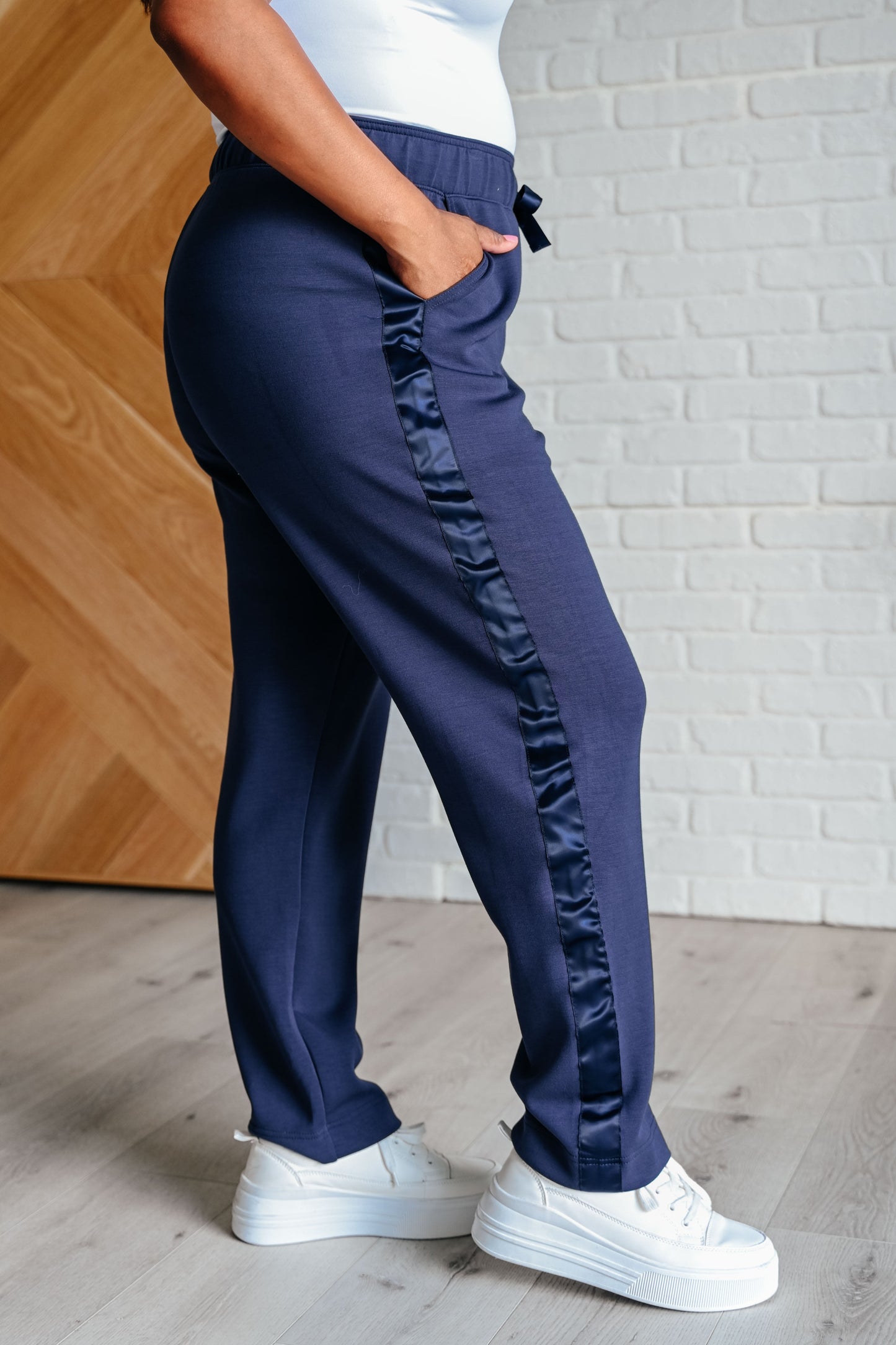 Lysa Satin Stripe Lounge Pants in Smoky Navy - Rae Mode