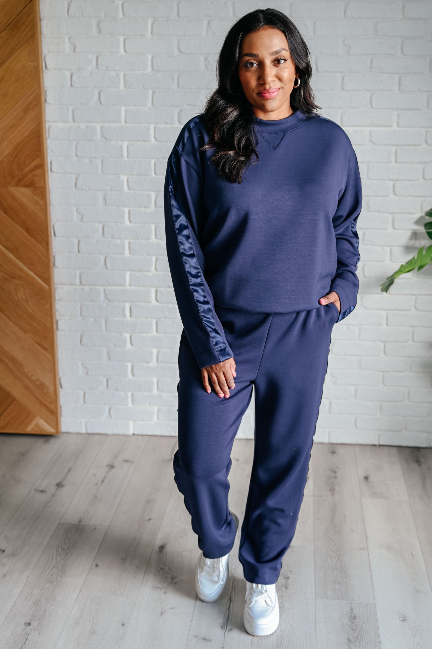 Lysa Satin Stripe Lounge Pants in Smoky Navy - Rae Mode