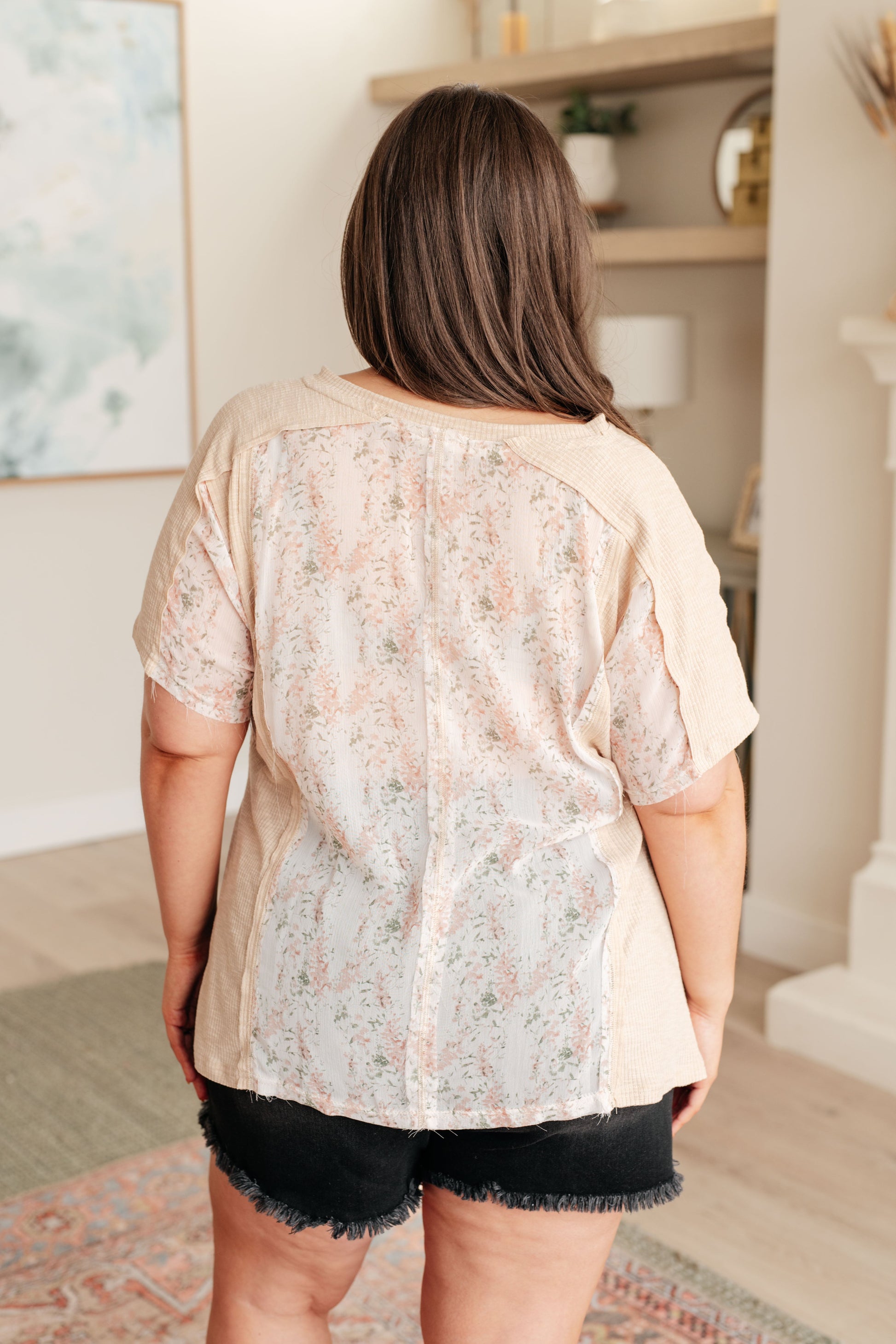 Mention Me Floral Accent Top in Toasted Almond - POL