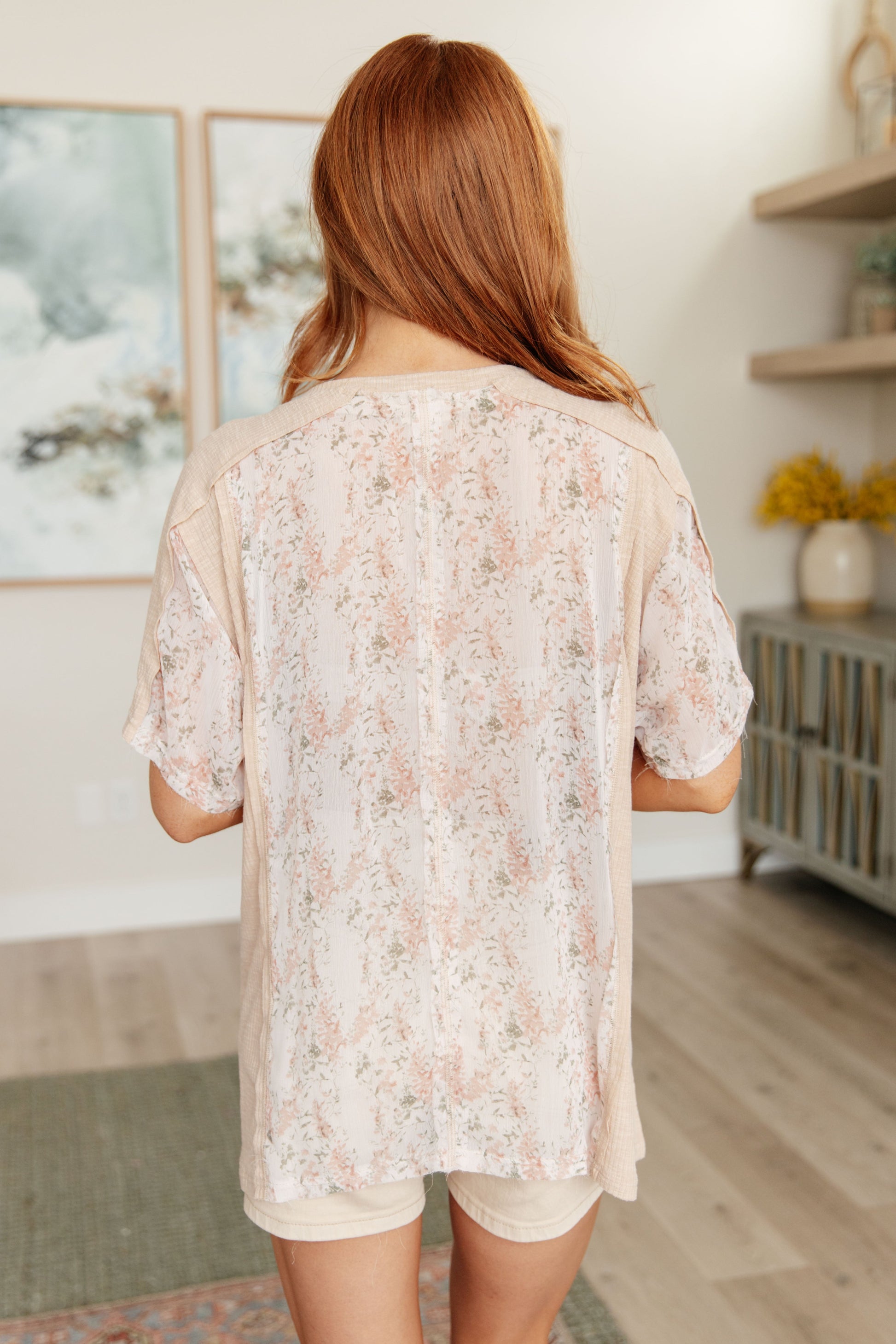 Mention Me Floral Accent Top in Toasted Almond - POL