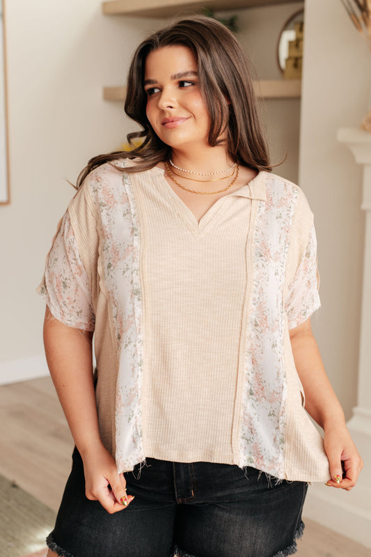 Mention Me Floral Accent Top in Toasted Almond - POL