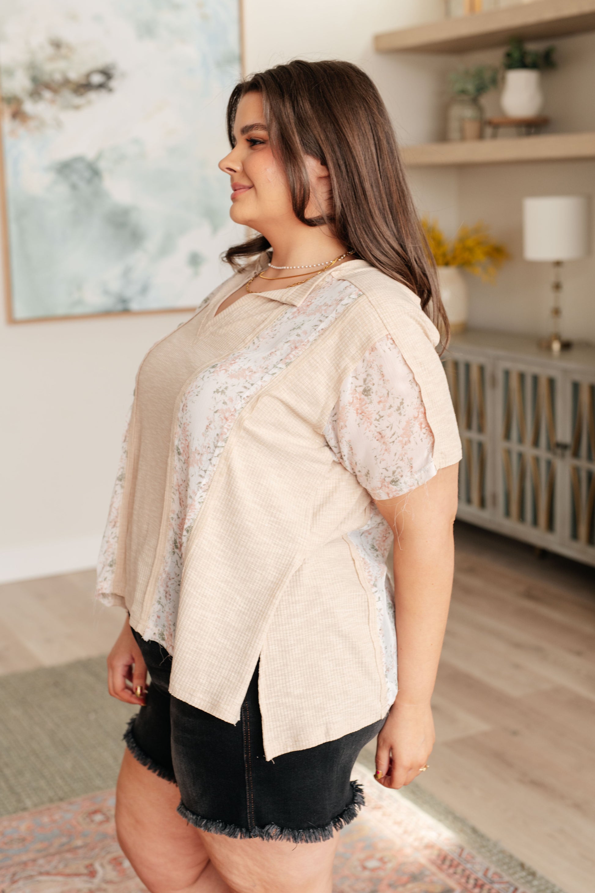 Mention Me Floral Accent Top in Toasted Almond - POL