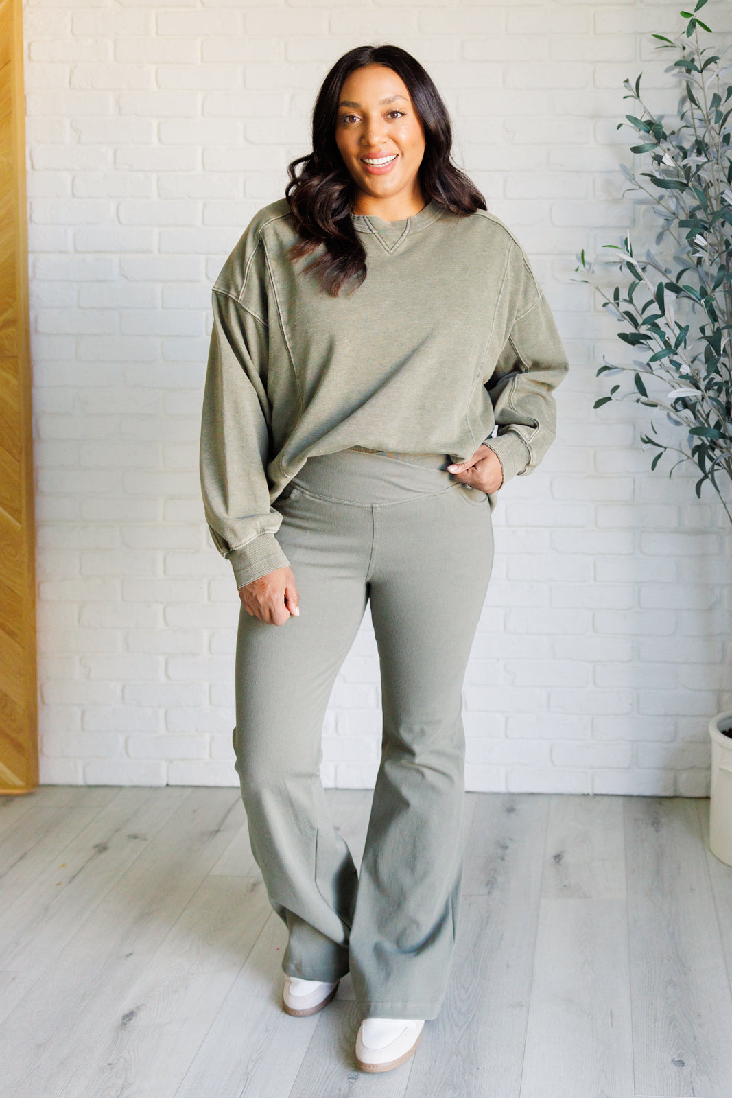 Quick Fix Mineral Wash Crew Neck Pullover in Army Green - Rae Mode