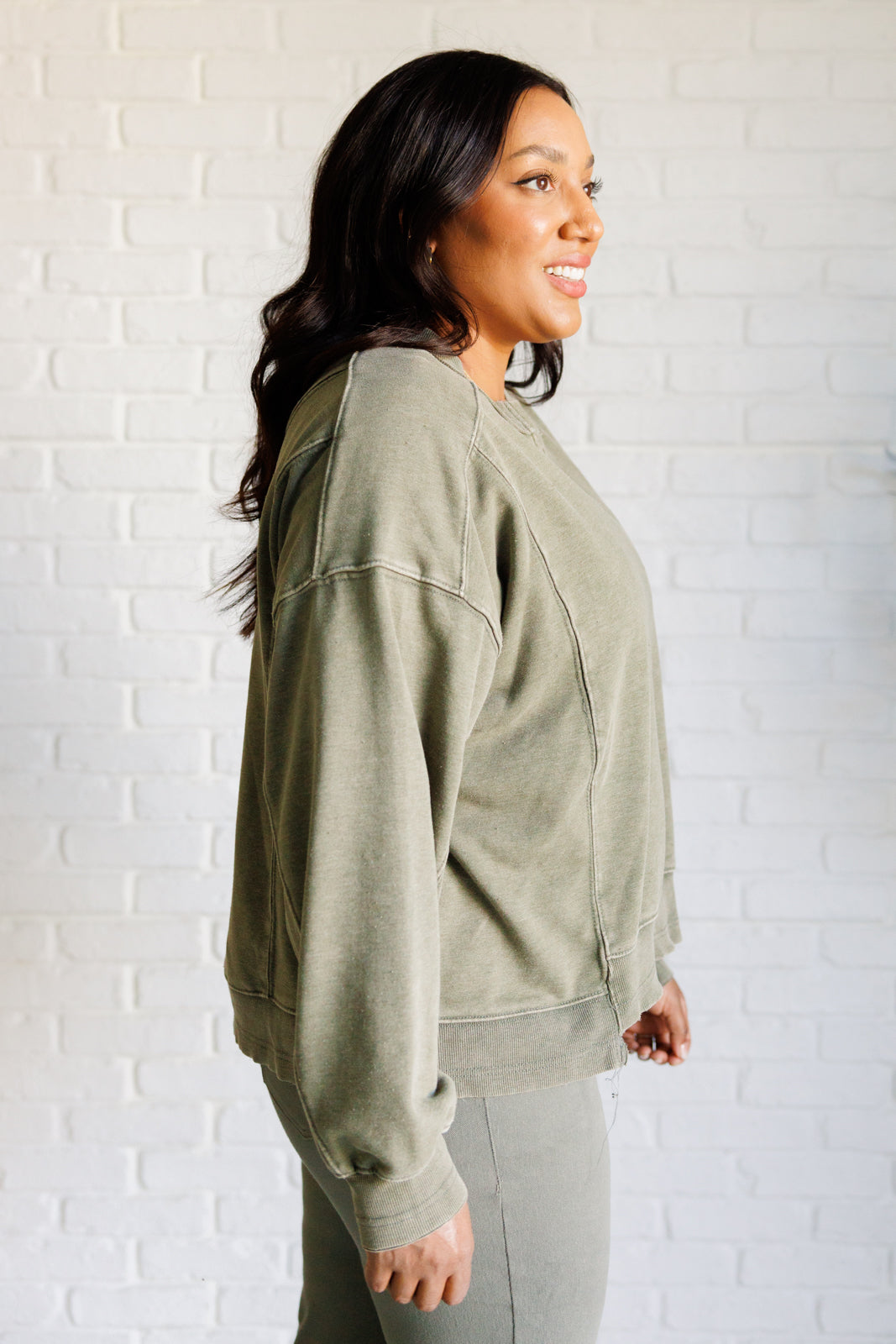 Quick Fix Mineral Wash Crew Neck Pullover in Army Green - Rae Mode