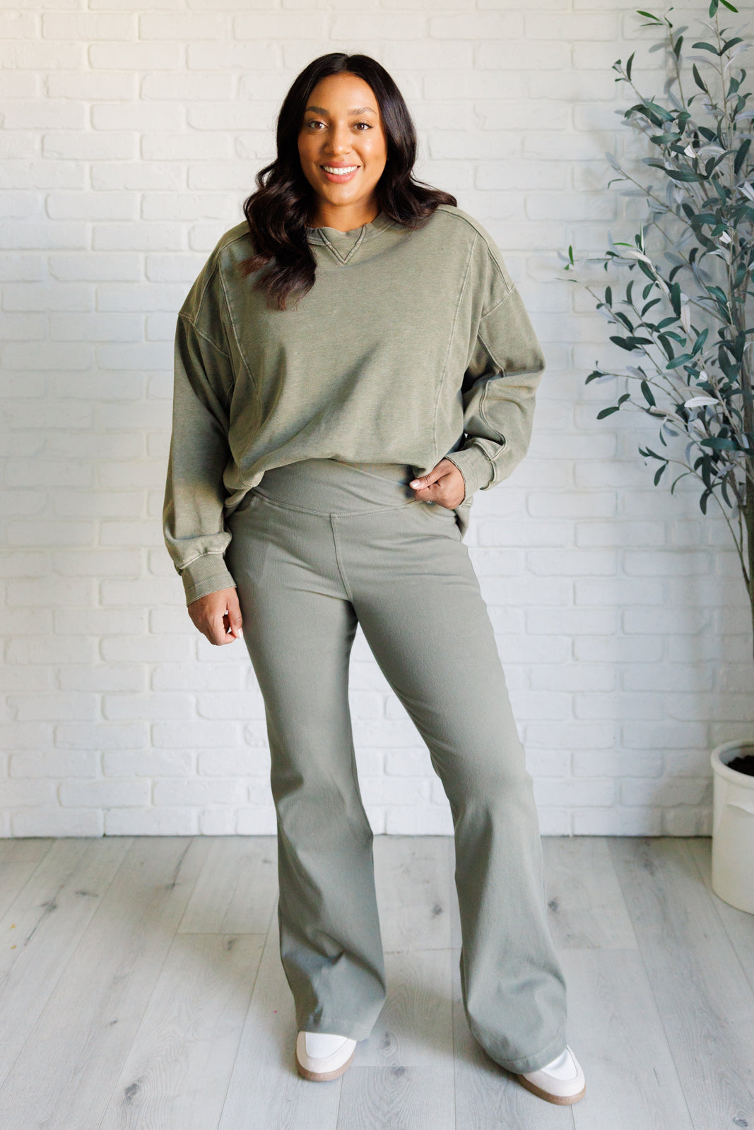 Building Habits Twill Flared Crossover Waist Pant in Dusty Olive - Rae Mode