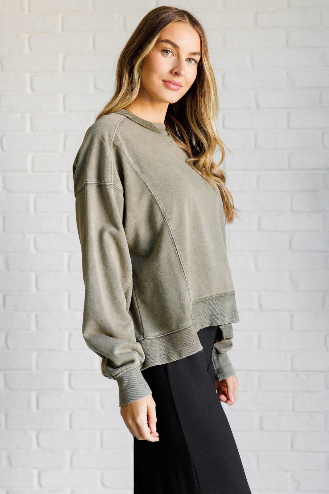 Quick Fix Mineral Wash Crew Neck Pullover in Army Green - Rae Mode