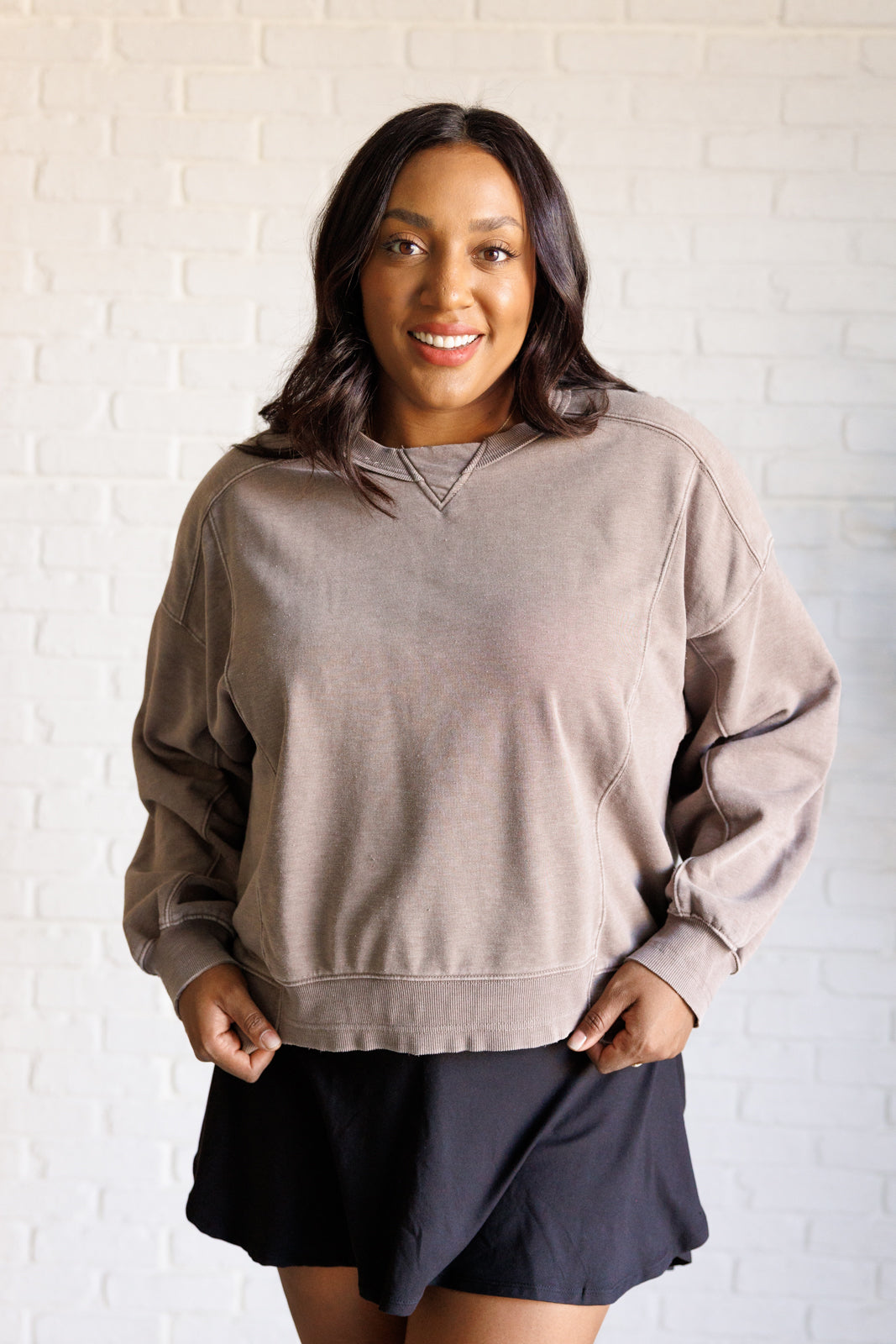 Quick Fix Mineral Wash Crew Neck Pullover in Mocha - Rae Mode