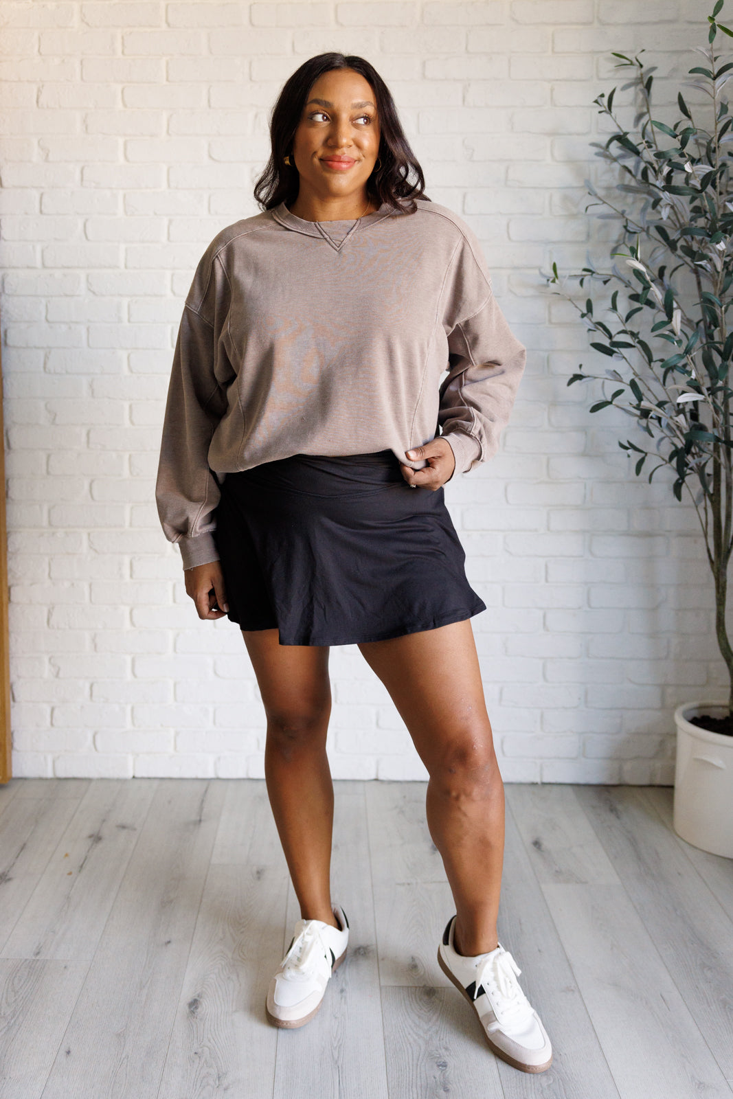 Quick Fix Mineral Wash Crew Neck Pullover in Mocha - Rae Mode