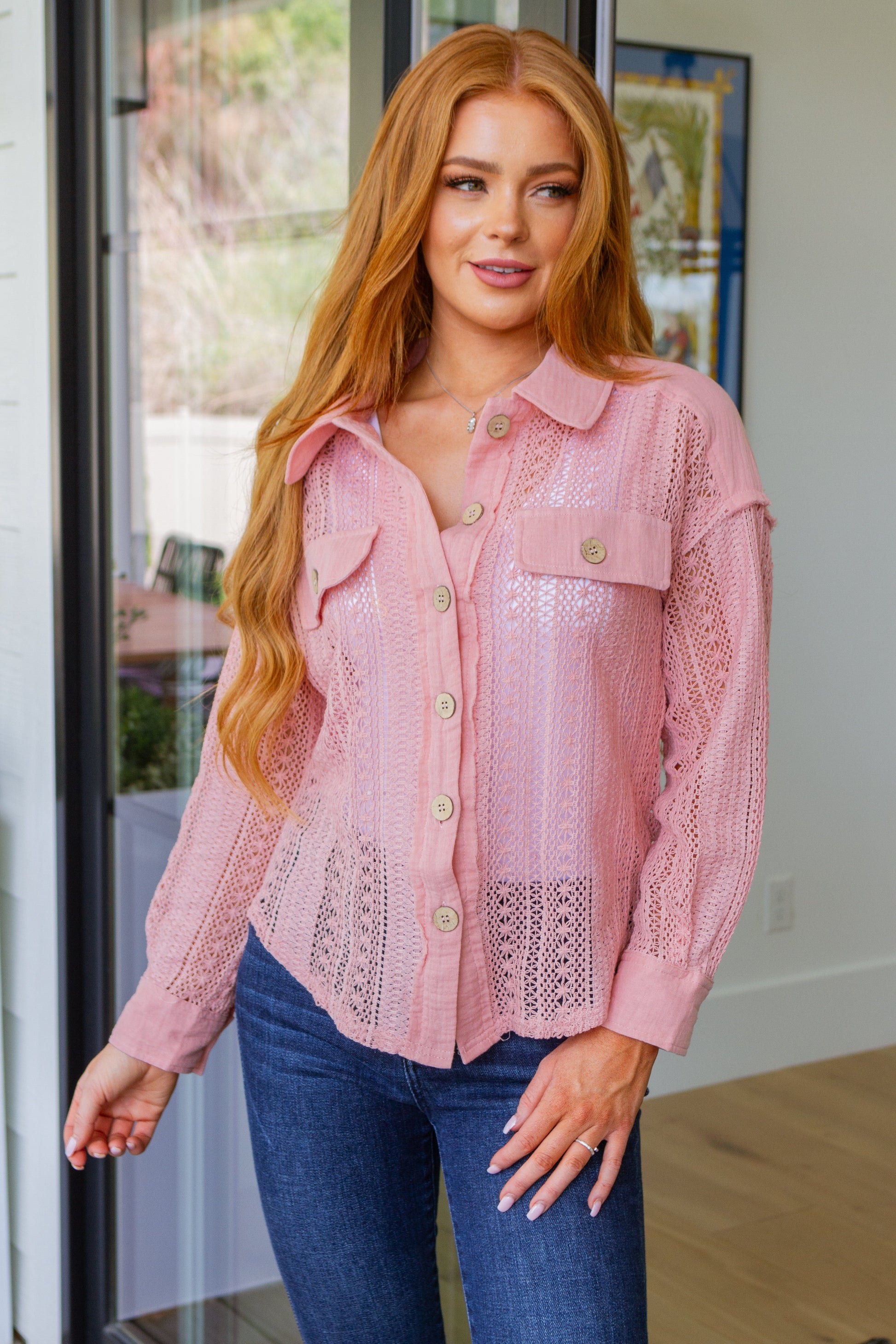 Sweeter Than Nectar Lace Button Down in Rose - Very J