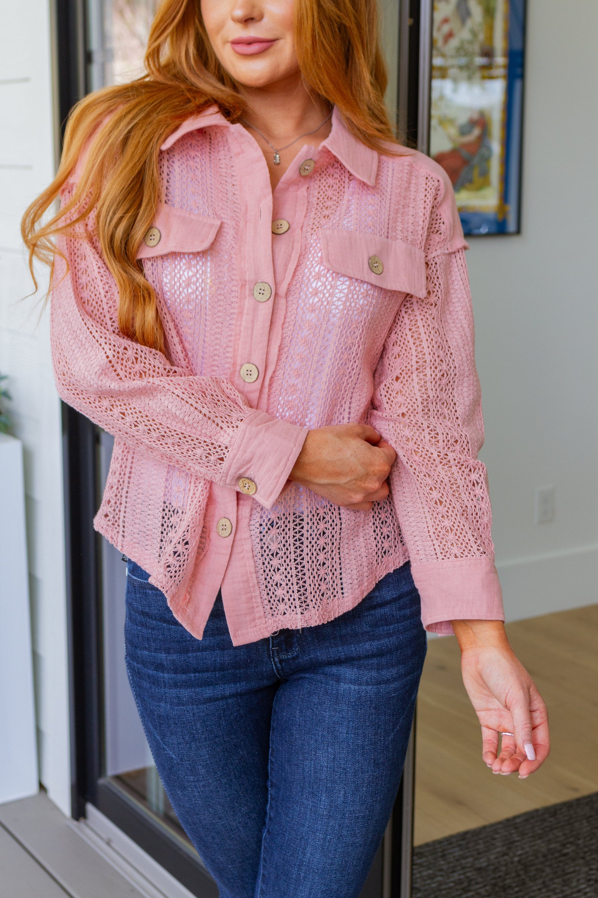 Sweeter Than Nectar Lace Button Down in Rose - Very J