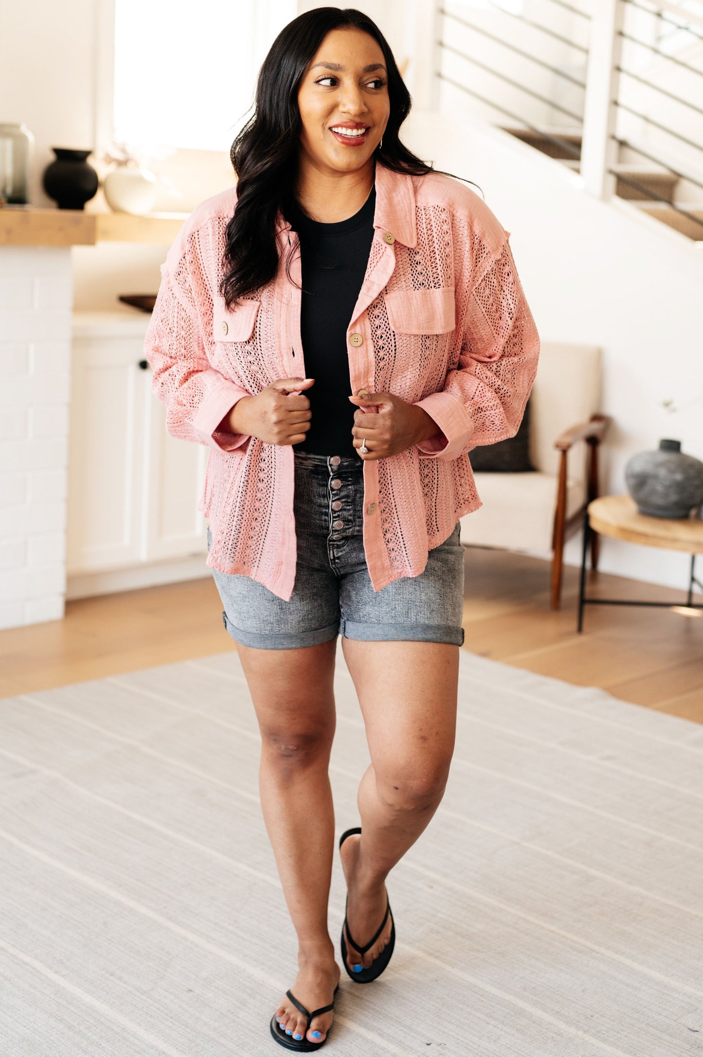 Sweeter Than Nectar Lace Button Down in Rose - Very J