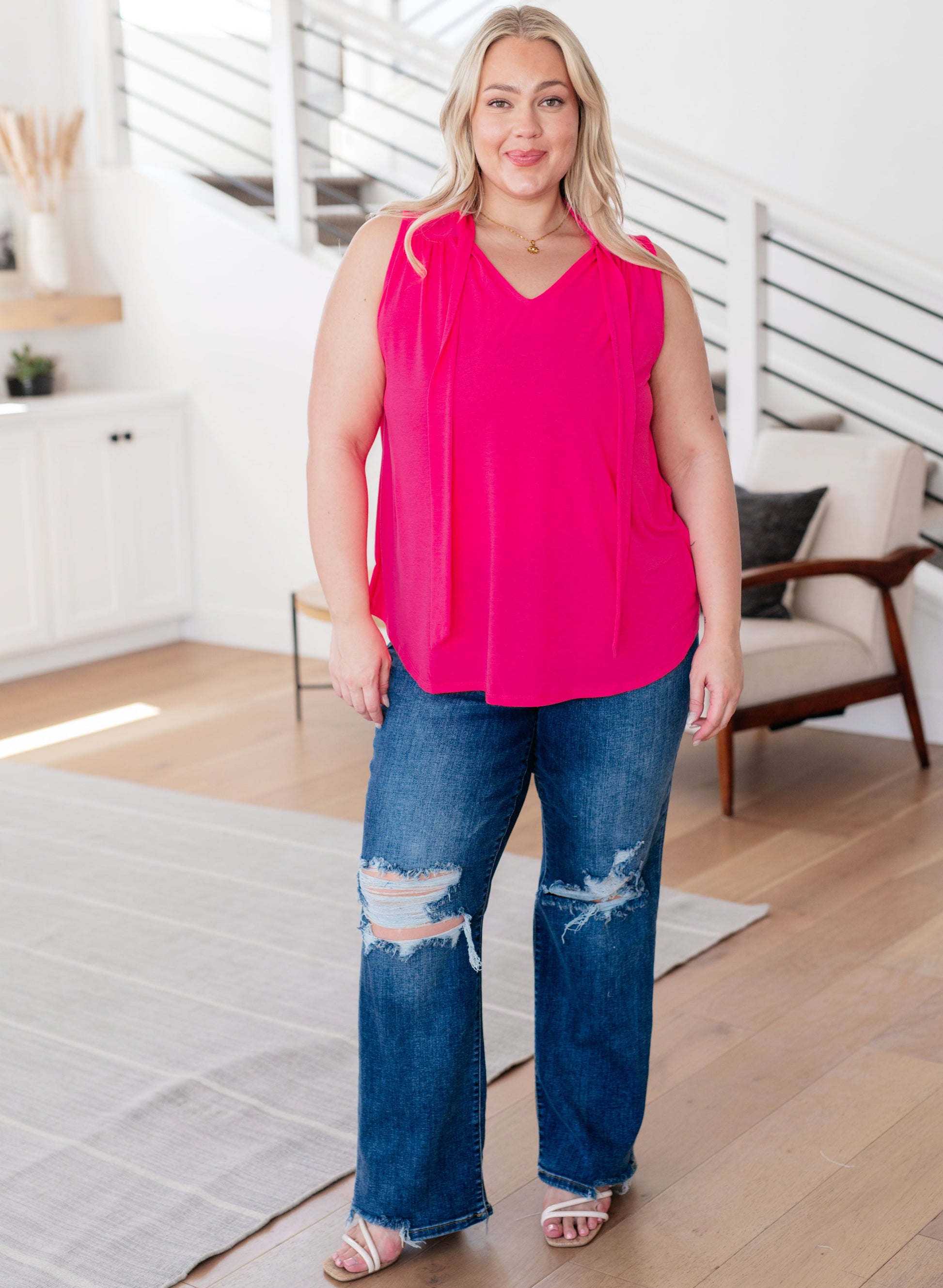 Uptown Girl Tie Detail Sleeveless Blouse - White Birch