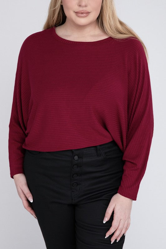 Plus Ribbed Batwing Long Sleeve Boat Neck Sweater - Zenana