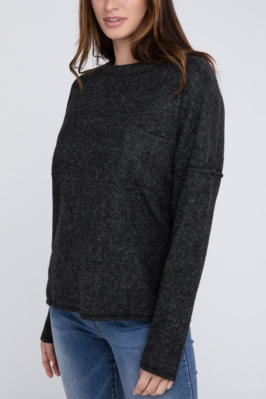 Ribbed Brushed Melange Hacci Sweater with a Pocket - Zenana