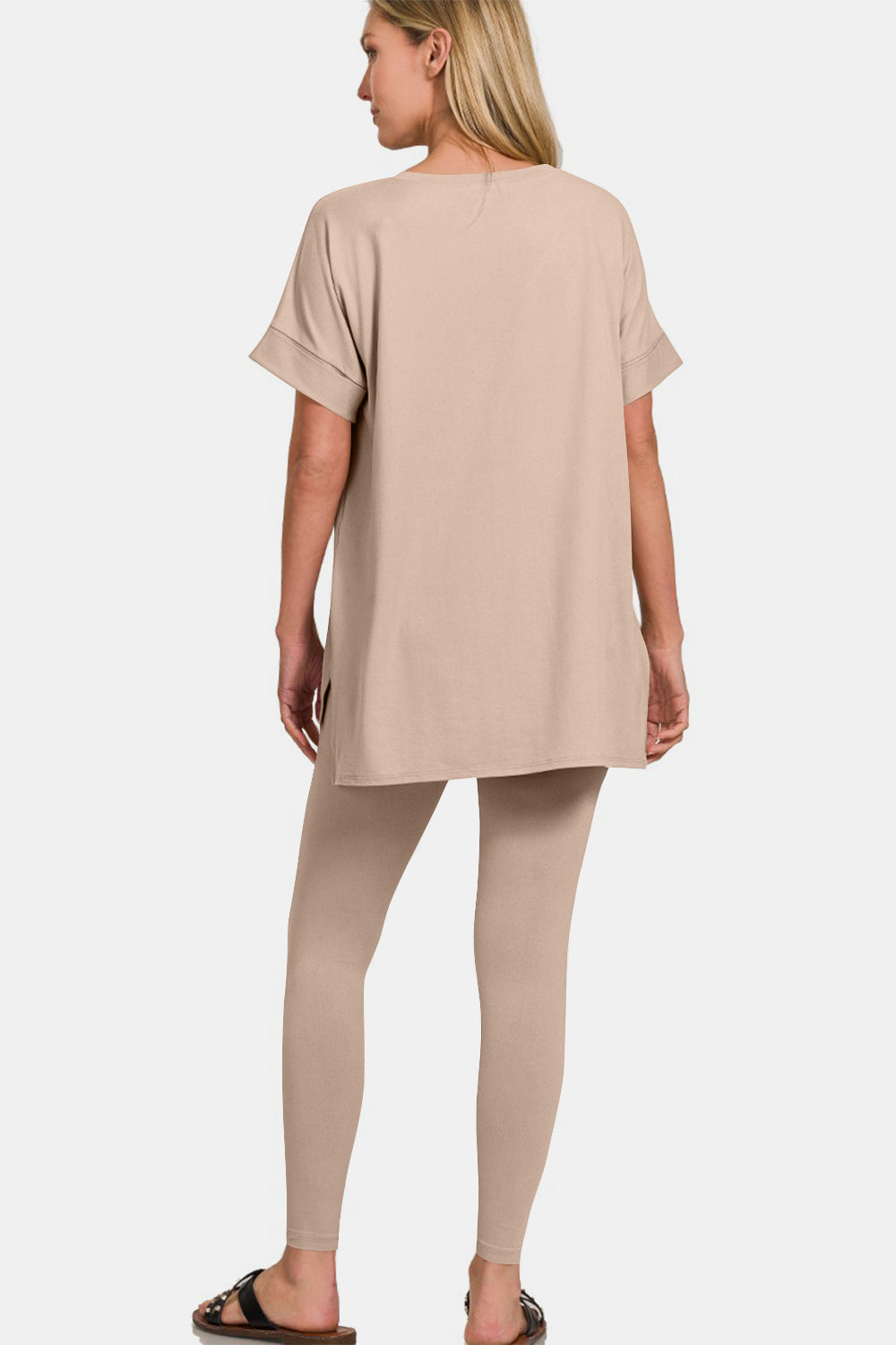 Zenana Full Size V-Neck Rolled Short Sleeve T-Shirt and Leggings Lounge Set - Lt Mocha