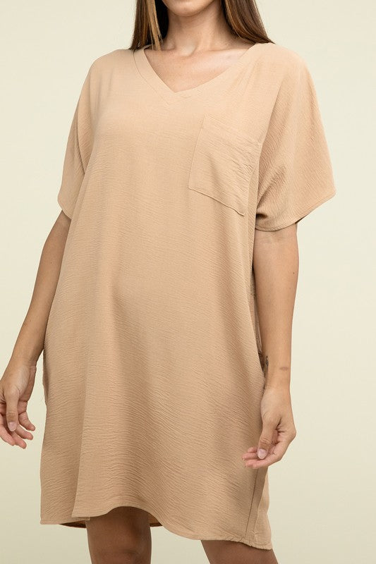 Woven Airflow V Neck T-Shirt Dress with Pockets - Zenana
