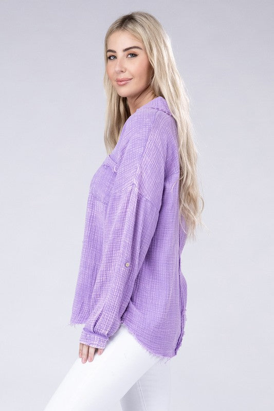 Washed Double Gauze Button Down Shirt - Zenana