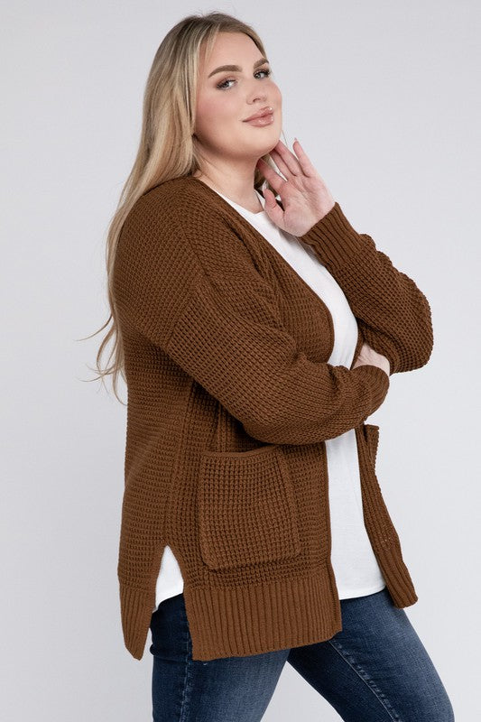 Plus Low Gauge Waffle Open Cardigan Sweater - Zenana