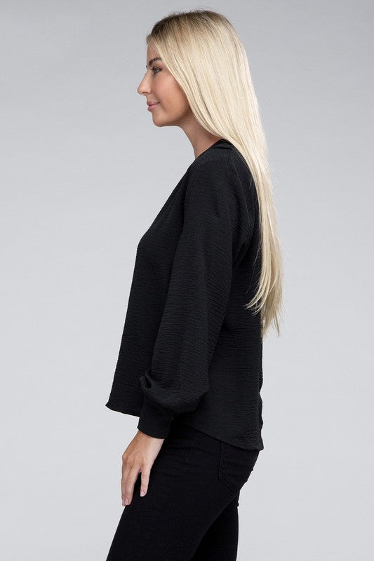 Woven Airflow V-Neck Long Sleeve Top - Zenana