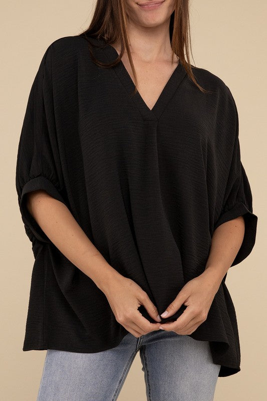 Woven Airflow V-Neck Puff Half Sleeve Top - Zenana
