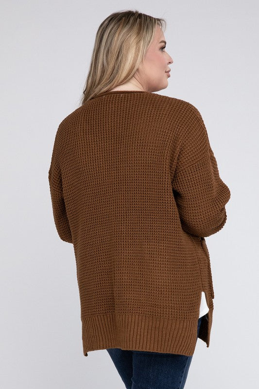 Plus Low Gauge Waffle Open Cardigan Sweater - Zenana