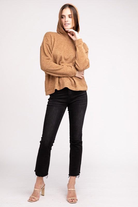 Hooded Brushed Melange Hacci Sweater - Zenana