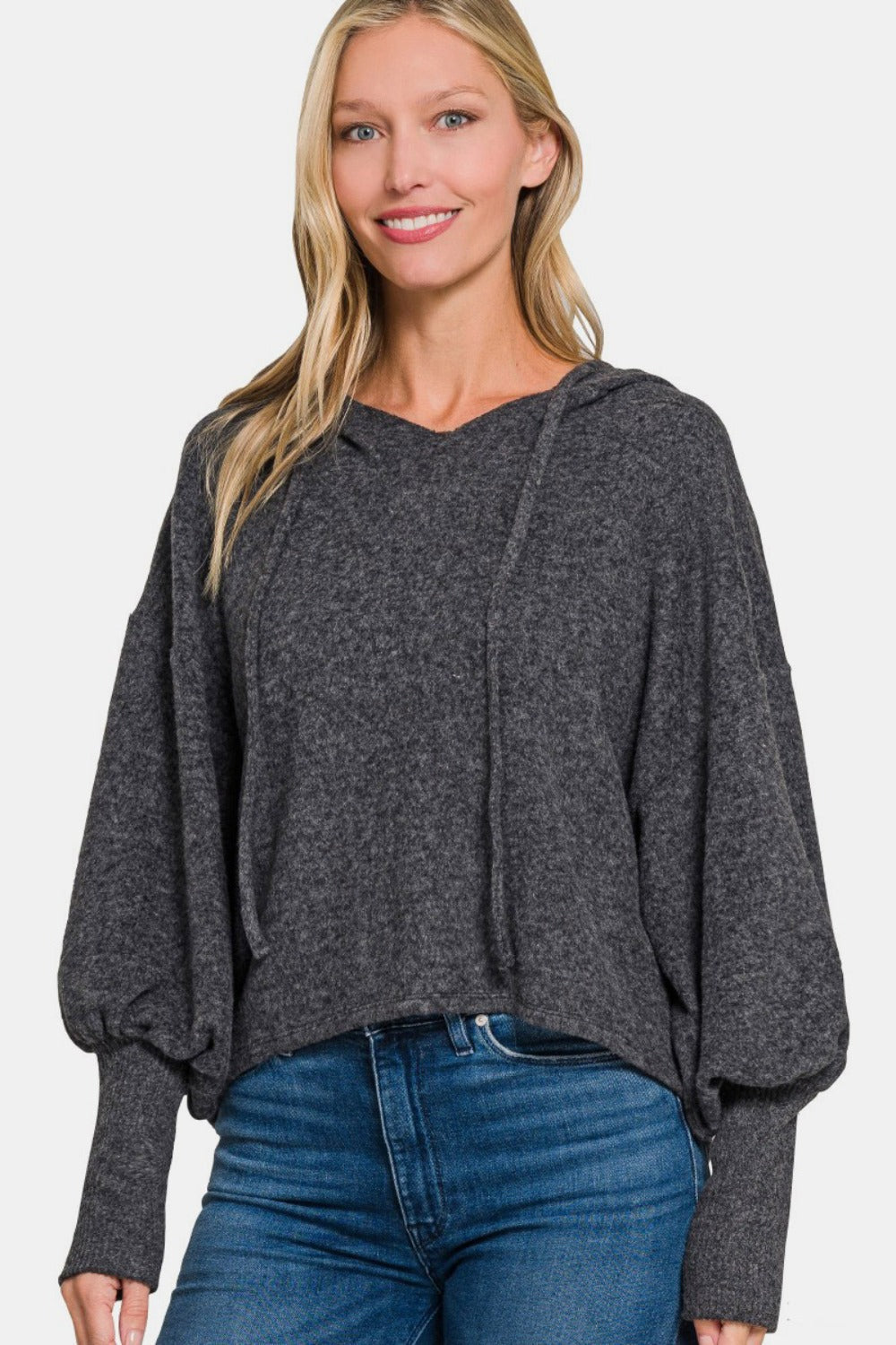 Zenana Brushed Hacci Drop Shoulder Cropped Hoodie - Black