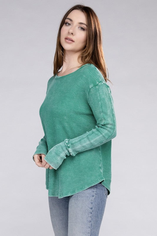 Washed Baby Waffle Long Sleeve Top - Zenana